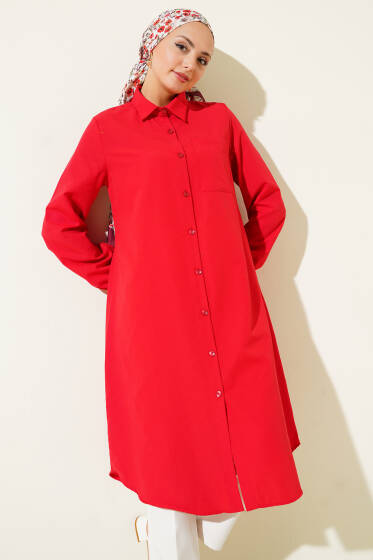 Gömlek Yaka Tek Cepli Uzun Gömlek Kırmızı - Gömlek
