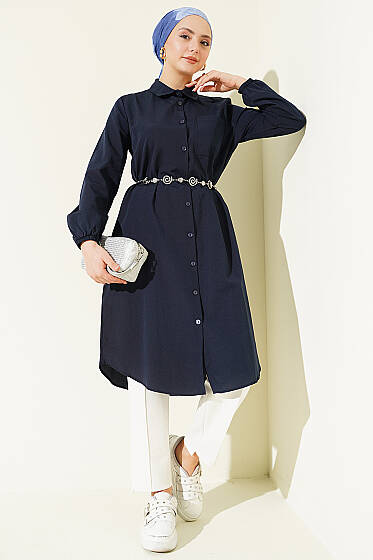 Gömlek Yaka Tek Cepli Uzun Gömlek Lacivert - Gömlek