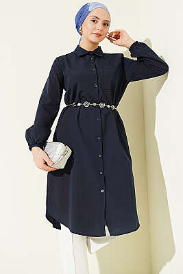 Gömlek Yaka Tek Cepli Uzun Gömlek Lacivert - Gömlek