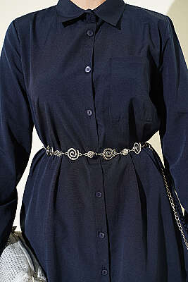 Gömlek Yaka Tek Cepli Uzun Gömlek Lacivert - Gömlek