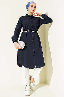 Gömlek Yaka Tek Cepli Uzun Gömlek Lacivert 