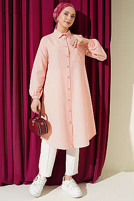 Gömlek Yaka Tek Cepli Uzun Gömlek Pudra - ASMİN