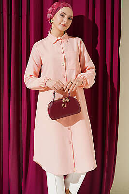 Gömlek Yaka Tek Cepli Uzun Gömlek Pudra - Gömlek