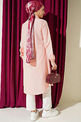 Gömlek Yaka Tek Cepli Uzun Gömlek Pudra - Gömlek