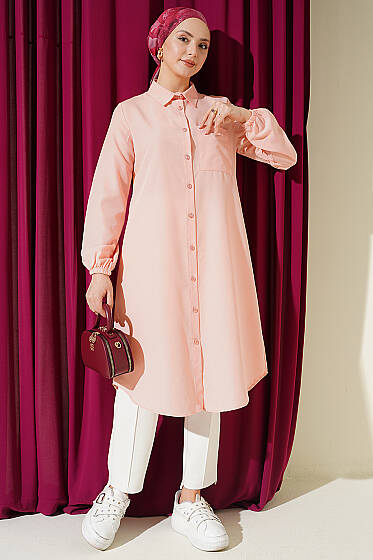 Gömlek Yaka Tek Cepli Uzun Gömlek Pudra - Yılın Fırsatı