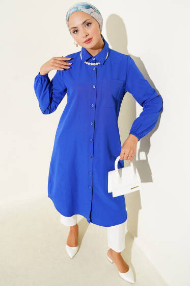 Gömlek Yaka Tek Cepli Uzun Gömlek Saks - Gömlek