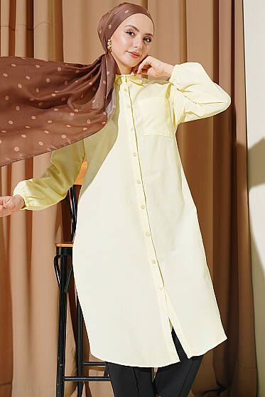 Gömlek Yaka Tek Cepli Uzun Gömlek Sarı - Yılın Fırsatı