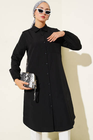 Gömlek Yaka Tek Cepli Uzun Gömlek Siyah - Gömlek