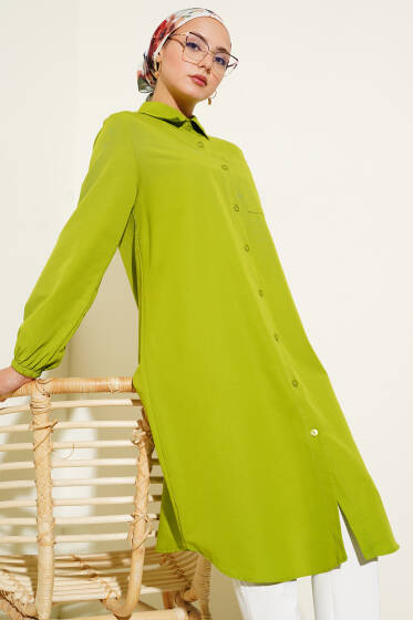 Gömlek Yaka Tek Cepli Uzun Gömlek Yeşil - Gömlek