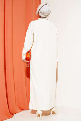 Gömlek Yaka Üç Düğmeli Triko Elbise Bej - Tesettür Elbise