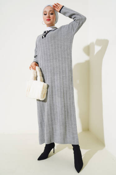 Gömlek Yaka Üç Düğmeli Triko Elbise Gri - Elbise