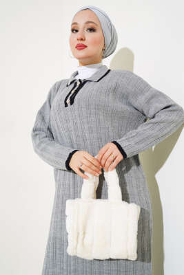 Gömlek Yaka Üç Düğmeli Triko Elbise Gri - Tesettür Elbise