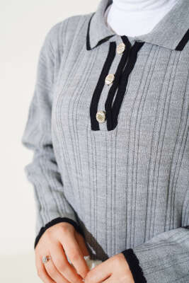 Gömlek Yaka Üç Düğmeli Triko Elbise Gri - Tesettür Elbise