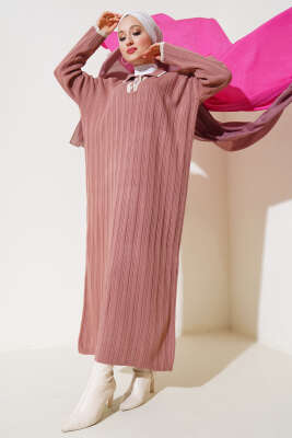 Gömlek Yaka Üç Düğmeli Triko Elbise Gül Kurusu - Tesettür Elbise