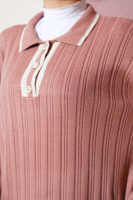 Gömlek Yaka Üç Düğmeli Triko Elbise Gül Kurusu - Tesettür Elbise