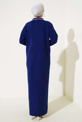 Gömlek Yaka Üç Düğmeli Triko Elbise Lacivert - Tesettür Elbise