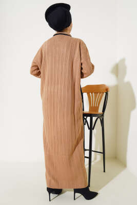 Gömlek Yaka Üç Düğmeli Triko Elbise Latte - Tesettür Elbise