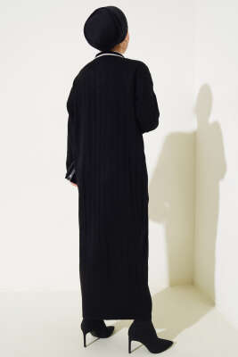 	 Gömlek Yaka Üç Düğmeli Triko Elbise Siyah - Tesettür Elbise