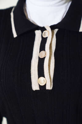 	 Gömlek Yaka Üç Düğmeli Triko Elbise Siyah - Tesettür Elbise