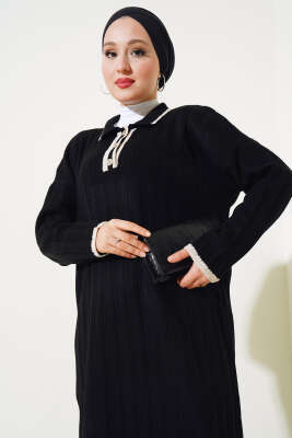 	 Gömlek Yaka Üç Düğmeli Triko Elbise Siyah - Tesettür Elbise