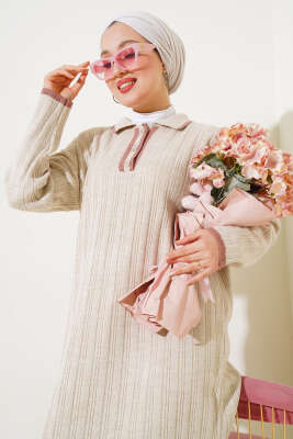 	 Gömlek Yaka Üç Düğmeli Triko Elbise Taş - Tesettür Elbise