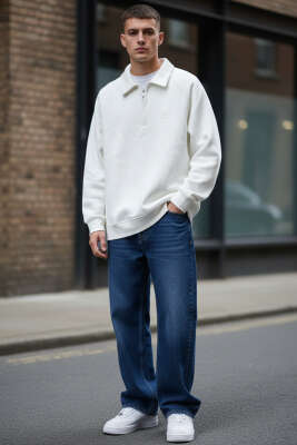 Gömlek Yaka Üç İplik Erkek Sweatshirt Beyaz - Erkek Sweatshirt