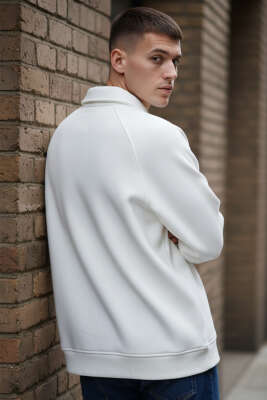 Gömlek Yaka Üç İplik Erkek Sweatshirt Beyaz - Erkek Sweatshirt