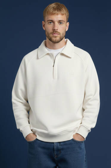 Gömlek Yaka Üç İplik Erkek Sweatshirt Beyaz - Erkek Sweatshirt