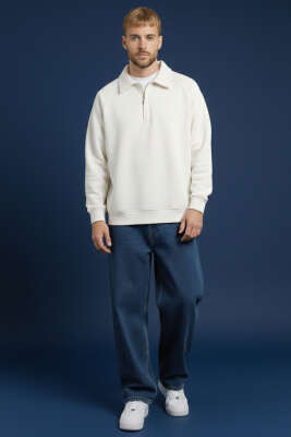 Gömlek Yaka Üç İplik Erkek Sweatshirt Beyaz - Erkek Sweatshirt