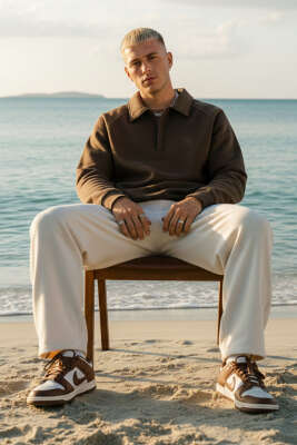 Gömlek Yaka Üç İplik Erkek Sweatshirt Kahve - Erkek Sweatshirt