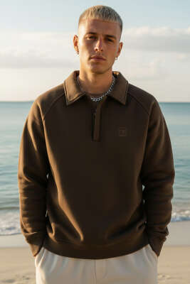Gömlek Yaka Üç İplik Erkek Sweatshirt Kahve - FRESHMAN