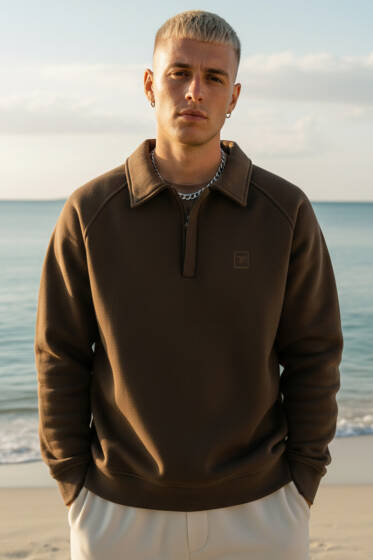 Gömlek Yaka Üç İplik Erkek Sweatshirt Kahve - Erkek Sweatshirt