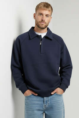 Gömlek Yaka Üç İplik Erkek Sweatshirt Lacivert - FRESHMAN