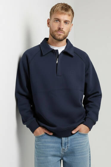 Gömlek Yaka Üç İplik Erkek Sweatshirt Lacivert - Erkek Sweatshirt
