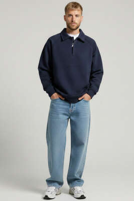 Gömlek Yaka Üç İplik Erkek Sweatshirt Lacivert - Erkek Sweatshirt