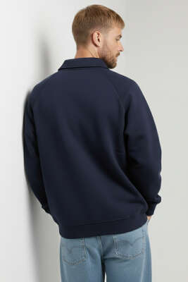 Gömlek Yaka Üç İplik Erkek Sweatshirt Lacivert - Erkek Sweatshirt