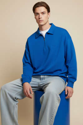 Gömlek Yaka Üç İplik Erkek Sweatshirt Mavi - FRESHMAN