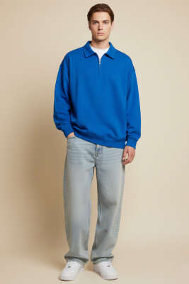 Gömlek Yaka Üç İplik Erkek Sweatshirt Mavi - Erkek Sweatshirt