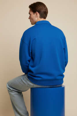 Gömlek Yaka Üç İplik Erkek Sweatshirt Mavi - Erkek Sweatshirt