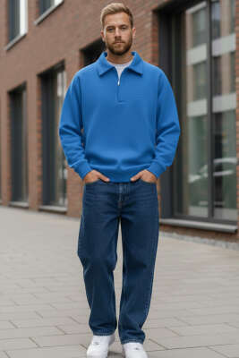 Gömlek Yaka Üç İplik Erkek Sweatshirt Mavi - Erkek Sweatshirt