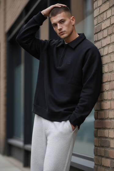 Gömlek Yaka Üç İplik Erkek Sweatshirt Siyah - Erkek Sweatshirt