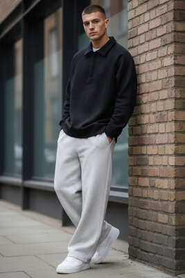 Gömlek Yaka Üç İplik Erkek Sweatshirt Siyah - Erkek Sweatshirt