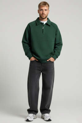 Gömlek Yaka Üç İplik Erkek Sweatshirt Zümrüt - Erkek Sweatshirt