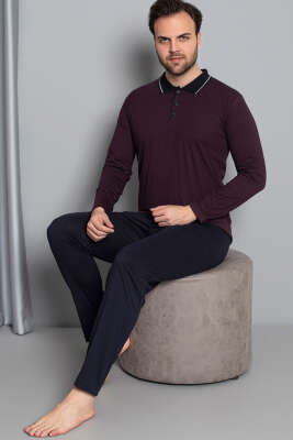 Gömlek Yaka Uzun Kol Erkek Pijama Takım Bordo - ERKEK PİJAMA