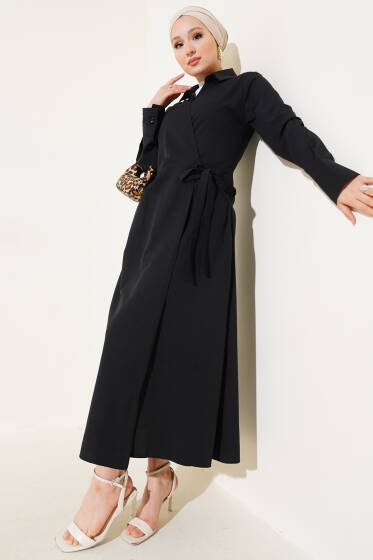 Gömlek Yaka Yan Bağlamalı Elbise Siyah - Elbise