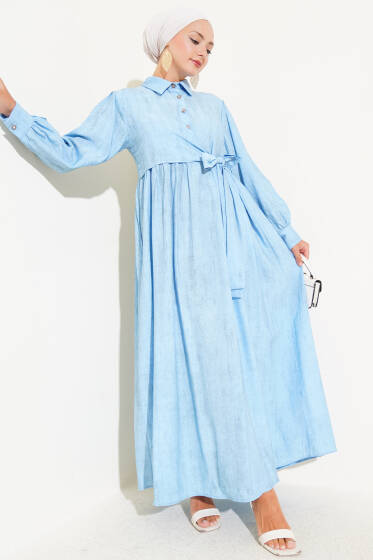 Gömlek Yaka Yandan Bağlamalı Elbise Buz Mavisi - Elbise