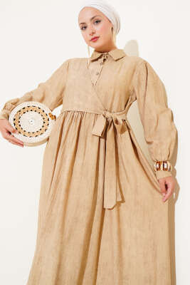 Gömlek Yaka Yandan Bağlamalı Elbise Camel - Tesettür Elbise