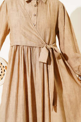 Gömlek Yaka Yandan Bağlamalı Elbise Camel - Tesettür Elbise