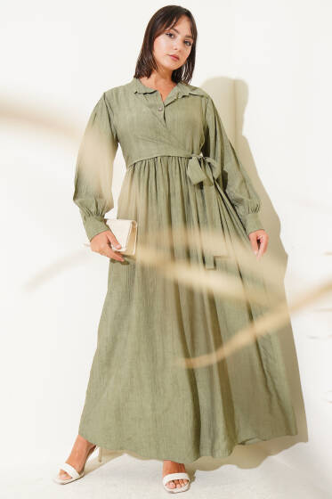 Gömlek Yaka Yandan Bağlamalı Elbise Haki - Elbise