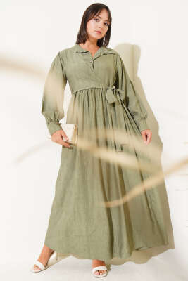 Gömlek Yaka Yandan Bağlamalı Elbise Haki - Tesettür Elbise